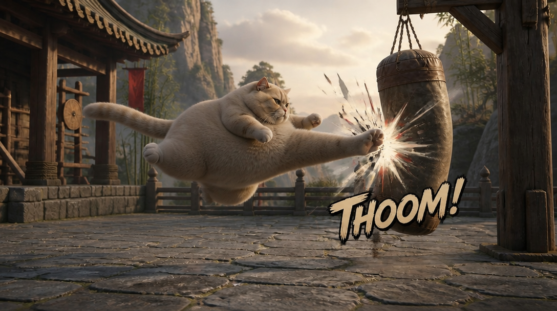 KAT delivering a flying kick to a punching bag